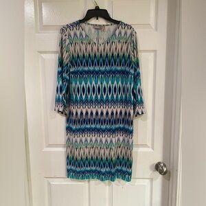 Chico's Dress 3/4 Sleeve Blue Green Stretchy Shift Women’s Size 1 Effortless